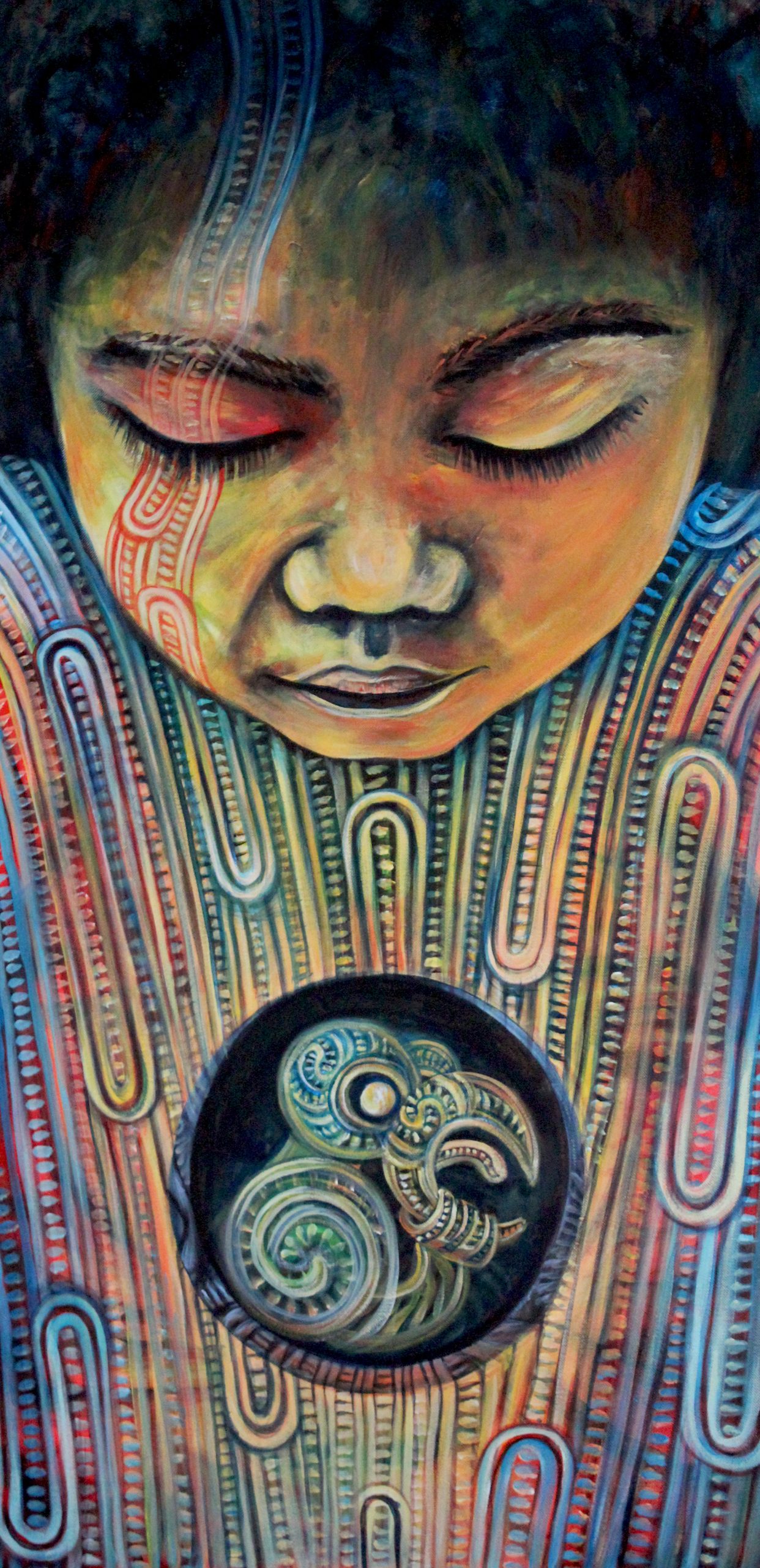 Te tipua o roto — painting of a face with closed eyes and koru patterning, holding a spiral emblem